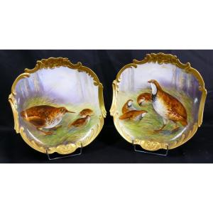 Bécasse Et Perdrix, Paire De Plats Décoratifs Peints à La Main, Porcelaine Limoges Fin XIX ème