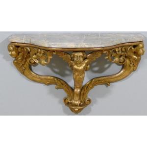 18th Century Living Room Wall Console With Cherubs In Gilded Carved Wood Marble Top