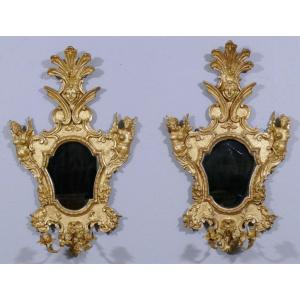 Pair Of Wall Mirrors In Gilded Wood With Caryatids, Italy, 18th Century