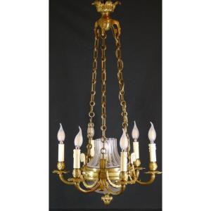 Lustre De Style Louis XVI En Bronze Doré Et Cristal, époque 1900