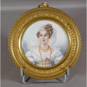 After Jb Isabey, Miniature Portrait On Ivory Young Woman With Coral Necklace, Bronze Frame