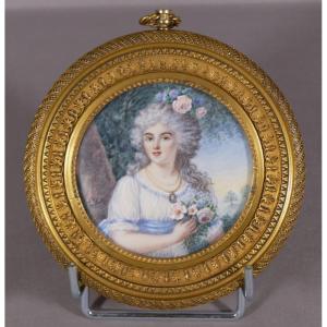 After Pa Hall, Miniature Portrait On Ivory Young Woman With Bouquet Of Roses, Bronze Frame