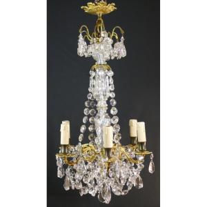 Small Chandelier With 6 Lights In Gilt Bronze And Crystal Tassels, Early 20th Century