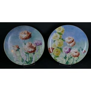 Poppies And Hollyhocks, Pair Of Large Limoges Porcelain Dishes, Delinières Late 19th Century
