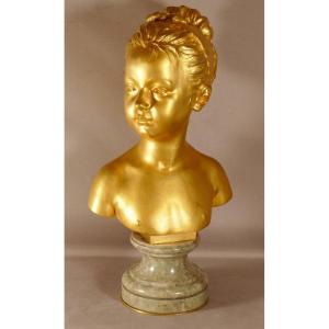 Louise Brongniart After Houdon, Gilt Bronze Bust On Marble Pedestal, 19th Century