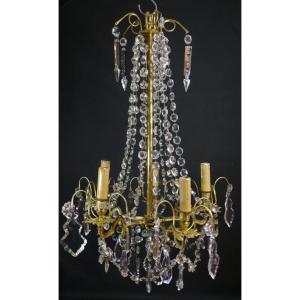 Lustre En Bronze, Laiton Et Pampilles De Cristal, époque XIX ème Siècle