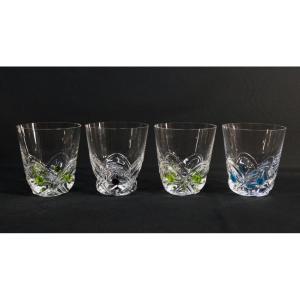 Lalique France, Florida Model, 4 Large Crystal Whiskey Goblets, 1960s Period
