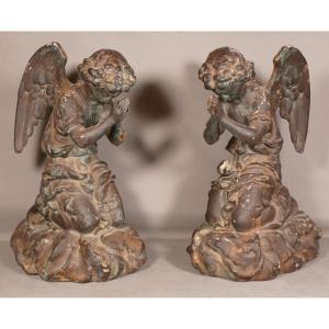 Paire d'Anges Angelots En Prière, Sculpture En Fonte De Fer époque XIX ème Siècle