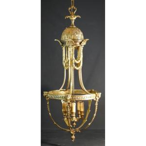 Louis XVI Style Lantern Chandelier In Gilt Bronze, Circa 1970-1980