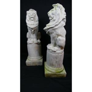 Lions On Columns, Pair Of Garden Ornaments Or Cement Statues, Art Deco Period