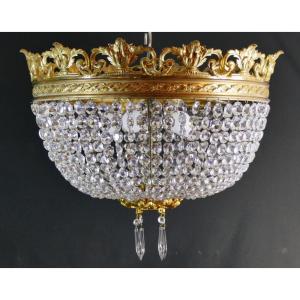 Lustre Plafonnier Corbeille De Style Napoléon III En Bronze Et Cristal, époque Fin XIX ème