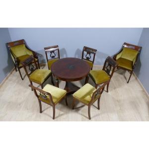 Empire Style Anteroom Living Room, 2 Swan Armchairs, 6 Lyre Chairs And Pedestal Table, Late 19th Century