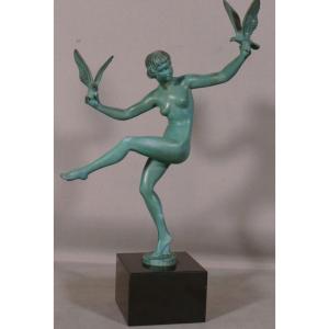 La Danseuse Aux Colombes, Sculpture Art Déco Par Marcel Bouraine, Signé Briand, Vers 1930