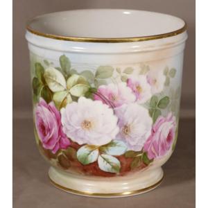 Cache Pot With Hand Painted Roses, Limoges Porcelain Circa 1960