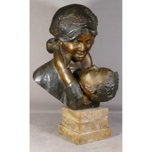 Maternité, Femme Et Enfant Par Antonio Merente, Bronze à La Cire Perdue, époque Début XX ème