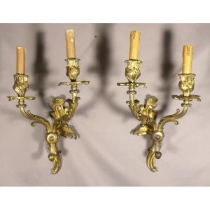 Pair Of Louis XV Sconces In Gilt Bronze Chiseled With Acanthus, 19th Century