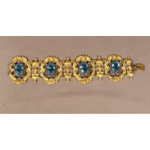 Bracelet Manchette Charles X En Pomponne Et Pierre Bleu, époque Restauration XIX ème Siècle