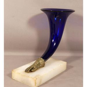 Vase Corne d'Abondance, Rhiton, En Verre Bleu Cobalt Et Main En Bronze, époque Charles X