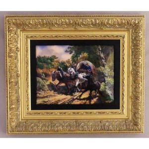 Jean Betourné, Large Enamel, Limoges Enamels, Horse Harness, Golden Frame