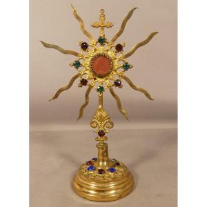 Reliquary Ostensory Sun And Glasswork In Brass, Early 20th Century