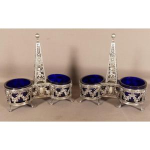 Pair Of Double Louis XVI Salerons In Sterling Silver And Blue Glass, Goldsmith Boivin, 19th Century