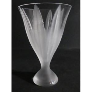 Lalique France, Vase Cornet Feuilles Givrées, époque Vers 1980