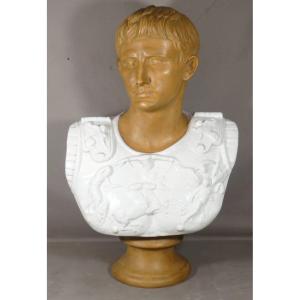 Bust Of The Roman Emperor Augustus In Glazed Terracotta, Late 20th Century