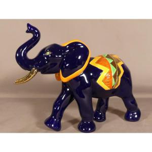 Africa Longwy, Elephant Chargeant En Faïence Craquelée Bleu, époque 2002