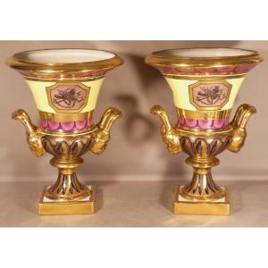 Le Tallec Paris, Pair Of Large Directoire Style Medici Vases In Hand Painted Porcelain
