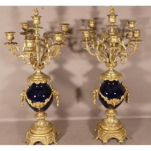Pair Of Louis XVI Candlesticks Bleu De Sèvres Porcelain And Gilt Bronze