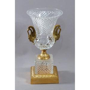 Charles X Style Medici Vase, Diamond Cut Crystal And Bronze With Swans. Period Early 20th Century