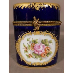 Boîte, Coffret Porcelaine De Limoges Peint Main Bouquet De Fleur, Bleu De Four