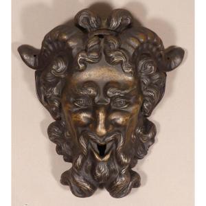 Fountain Mascaron Faun Or Satyr In Patinated Bronze Metal, 19th Century