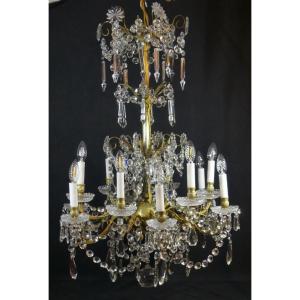 Baccarat, Grand Lustre 12 Lumières En Cristal Et Bronze, époque XIX ème Siècle 