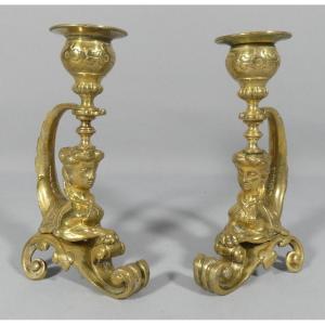 Pair Of Gilt Bronze Sphinx Candlesticks, Napoleon III Period