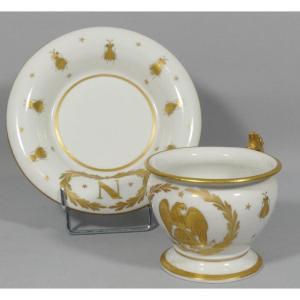 Tasse Napoléon  De Style Empire, Porcelaine Blanc Et Or Peint Main, Aigle, Abeille, N