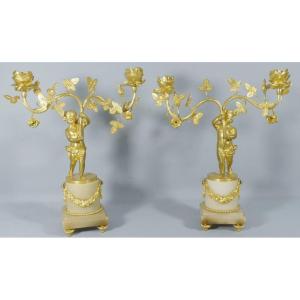 Pair Of Louis XVI Candlesticks With Putti And Roses, Gilt Bronze And Alabaster, 19th Century 