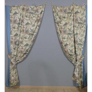 Pair Of Double Curtains In Oriental Fabric With Peacocks, Cranes, Exotic Foliage 