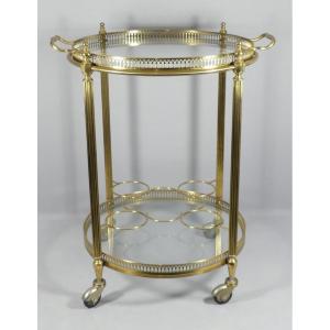 Trolley, Serving Cart, Rolling Bar In Brass And Glass, Round Shape, Jansen, Baguès, 1960s