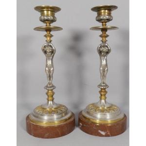 Jules Graux, Pair Of Bronze Candlesticks With Putti, Two Patinas, Silver And Gilded, 19th Century