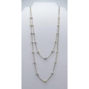 Collier Or Blanc Et Perles  à Deux Rangs Glissants Façon Sautoir, époque Vers 1960