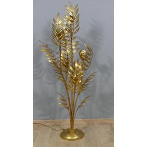 Hans Kogl, Or Maison Jansen, Large Floor Lamp In Gilded Metal With Palm Tree And Flowers, 1970s