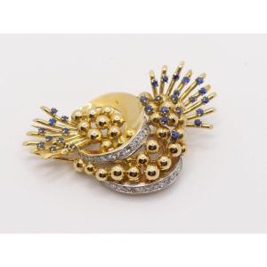 Gold And Platinum Brooch, Sapphires And Diamonds, Free Form, 1940-1950 Period