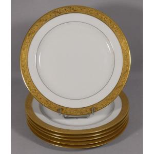 Bernardaud Villiers, 6 Gold Inlaid Dessert Plates Limoges Porcelain