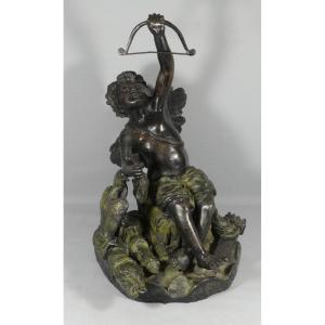 Groupe En Bronze à l'Angelot à l'Arc Et Oiseaux, époque Début XX ème