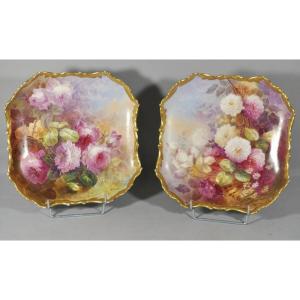 Alfred Broussillon, Pair Of Large Limoges Porcelain Rose Dishes Paintings Circa 1900