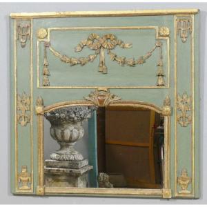 Trumeau De Boiserie d'époque Louis XVI En Bois Sculpté Doré à La Feuille Et Laqué Vert, XVIII è