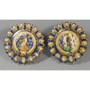 Louis XII And Anne Of Brittany, Majolica-style Ceramic Medallions, Tours School, 19th Century