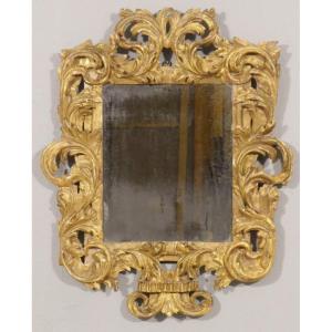 Italian Mirror In Gilded Carved Wood, Mercury Glass, 18th Century Period