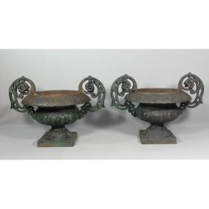 Pair Of Cast Iron Garden Vases, 19th Century